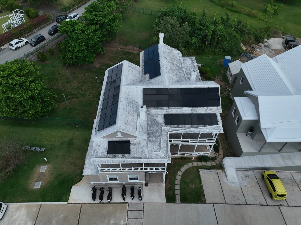 Solar panels on the Bermuda Veterinary Services building, seen from the air