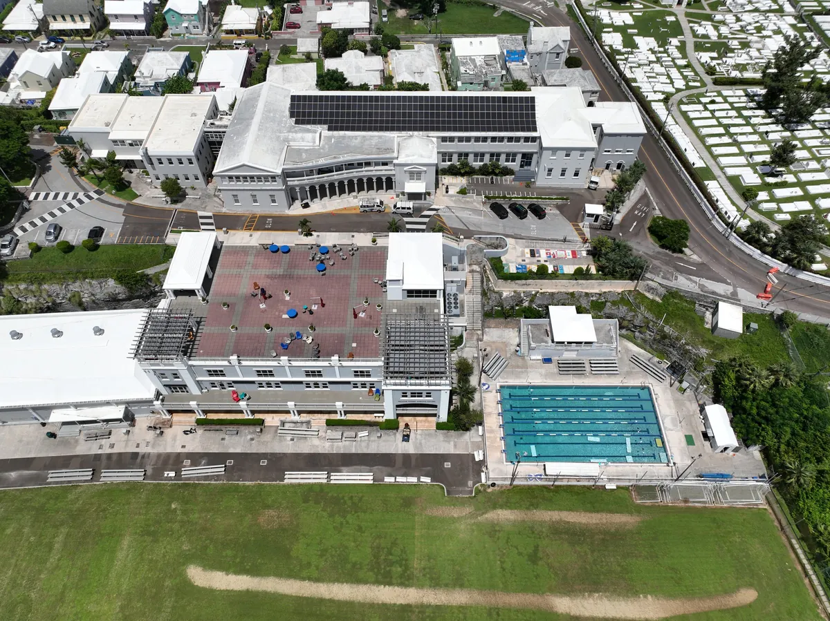Saltus Grammar School with solar panels on its main building, seen from the air
